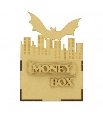 Laser Cut Small Money Box - Superhero Bat City Scene Design